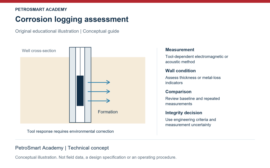 Corrosion logging assessment. Measurement: Tool-dependent electromagnetic or acoustic method. Wall condition: Assess thickness or metal-loss indicators.