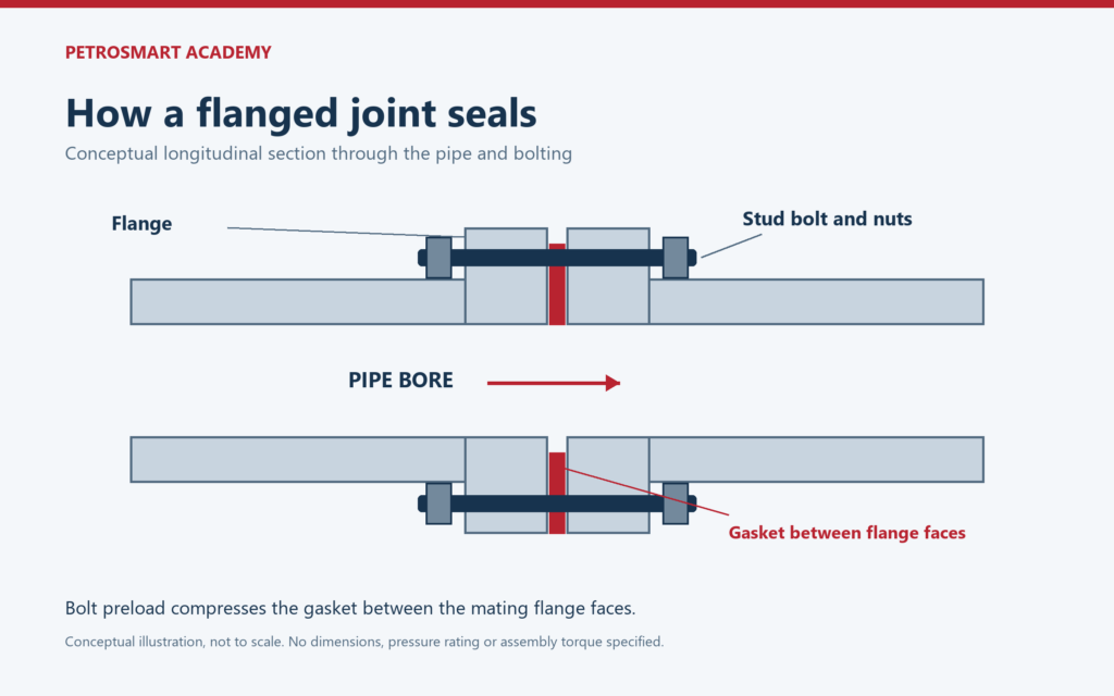 Conceptual longitudinal section showing two mating flanges, a gasket, stud bolts and the open pipe bore.