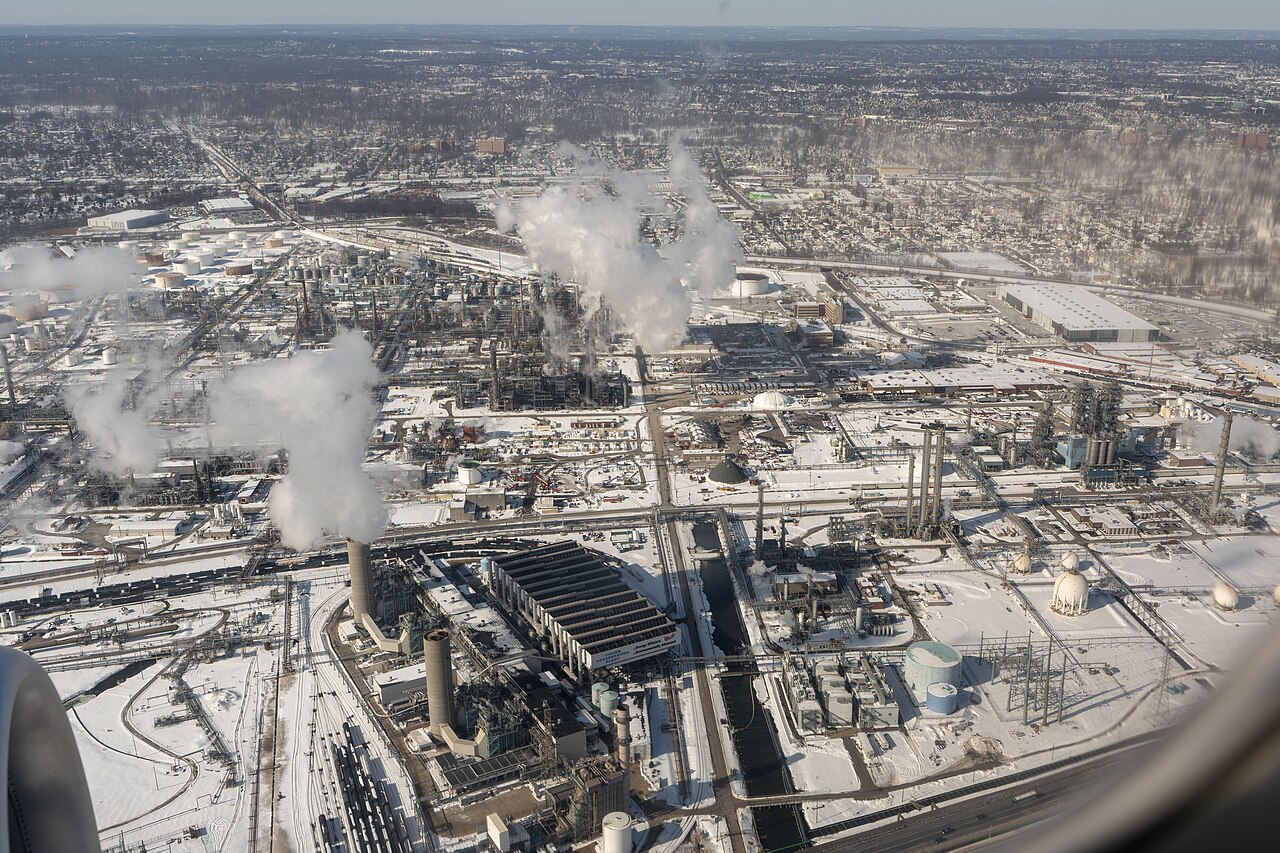 Aerial view of process units, pipework and storage tanks at Bayway Refinery in New Jersey.